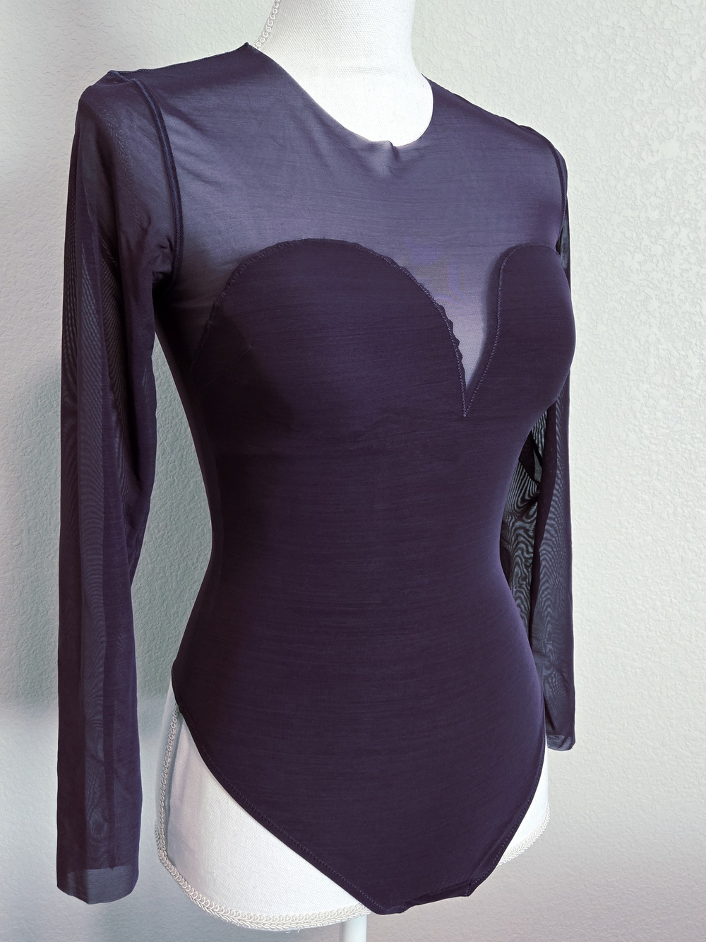 Popilush Dark Purple Mesh Illusion Long Sleeve Bodysuit | Size S - Picture 3 of 10